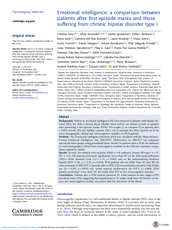 (PDF) Emotional intelligence: a comparison between patients after first ...