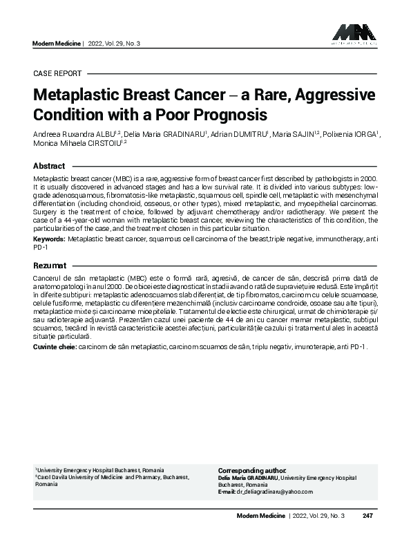 (PDF) Metaplastic Breast Cancer – a Rare, Aggressive Condition with a ...