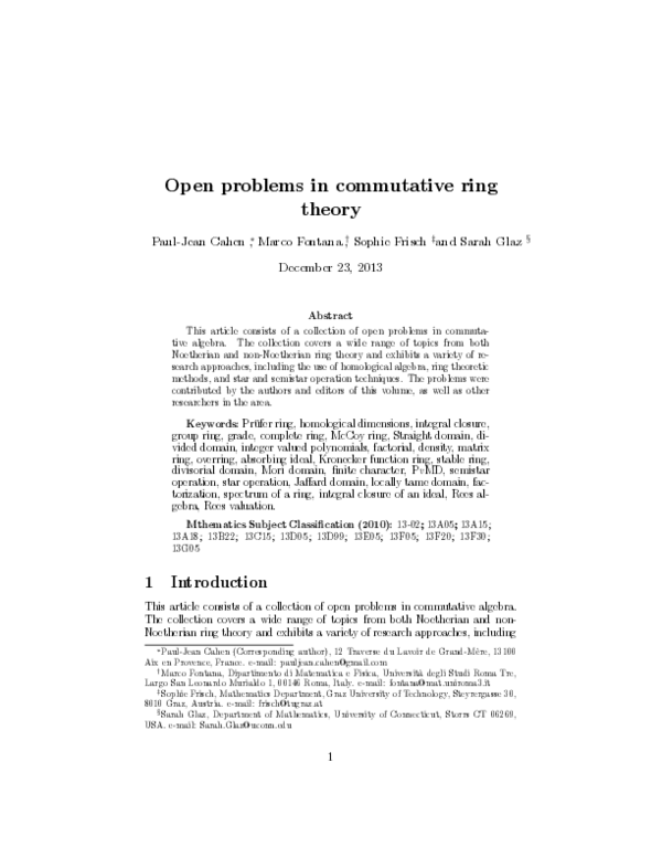 (PDF) Open Problems in Commutative Ring Theory