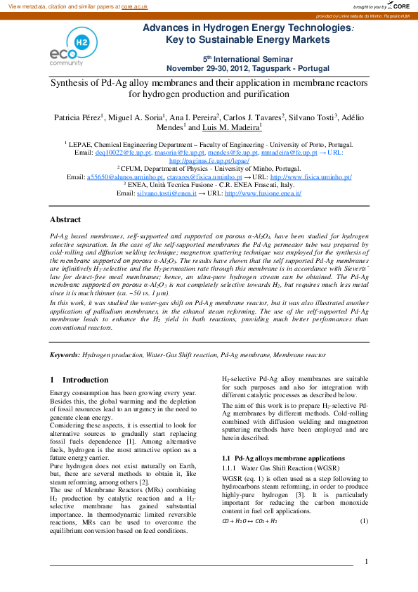 (PDF) Synthesis of Pd-Ag alloy membranes and their application in ...
