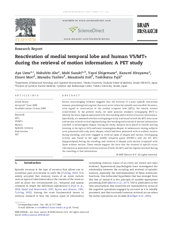 (PDF) Reactivation of medial temporal lobe and human V5/MT+ during the ...