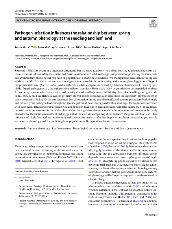 (PDF) Pathogen infection influences the relationship between spring and ...