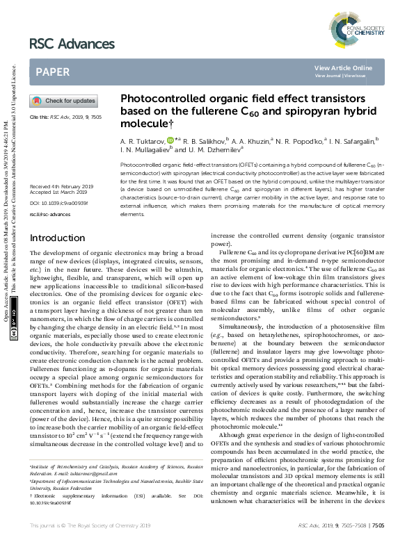 (PDF) Photocontrolled organic field effect transistors based on the ...
