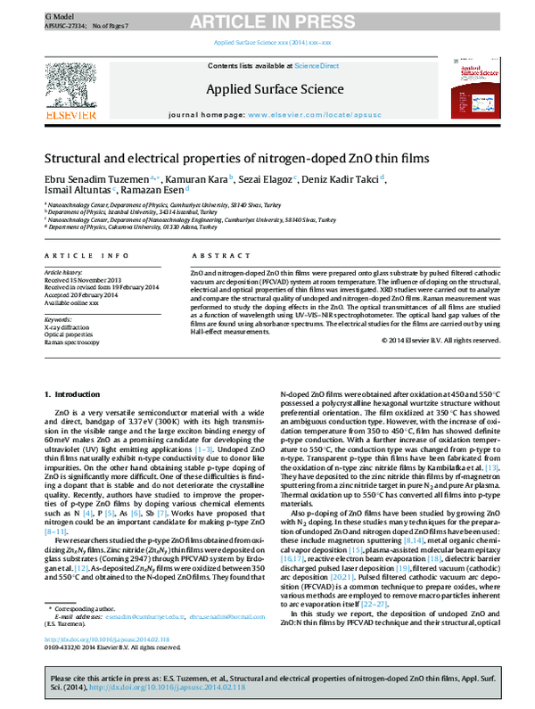 (PDF) Structural and electrical properties of nitrogen-doped ZnO thin films