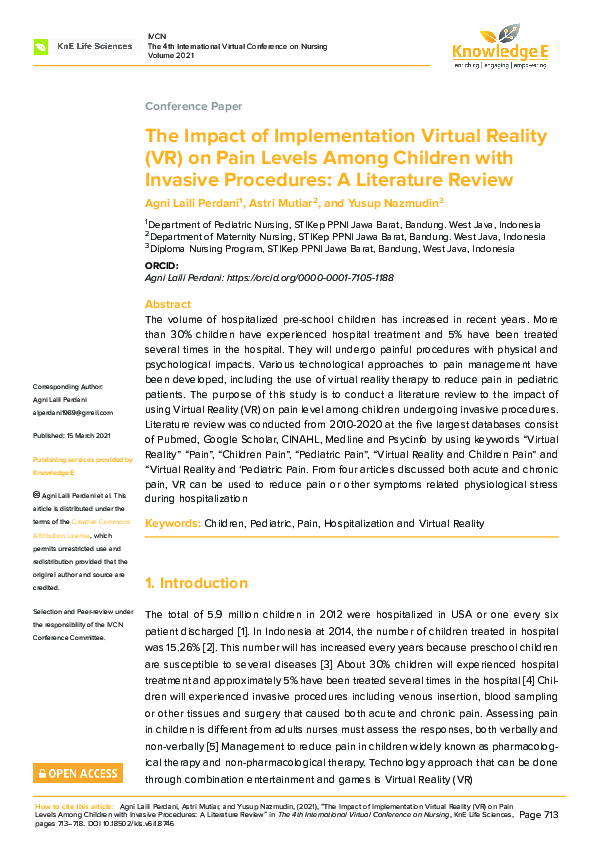 (PDF) The Impact of Implementation Virtual Reality (VR) on Pain Levels ...