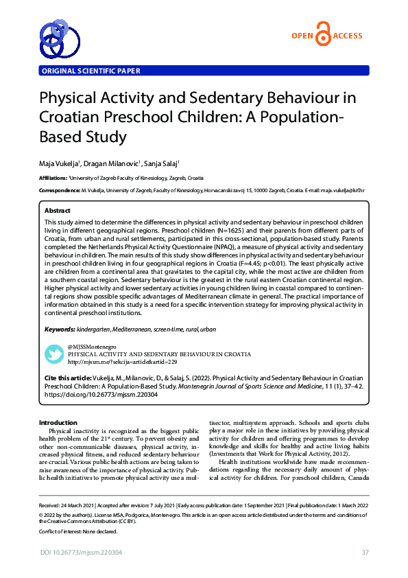(PDF) Physical Activity and Sedentary Behaviour in Croatian Preschool ...