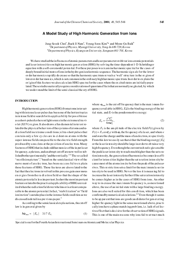 (PDF) A Model Study of High Harmonic Generation from Ions
