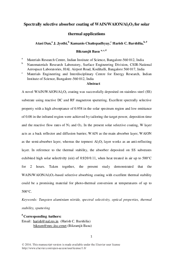 (PDF) Spectrally selective absorber coating of WAlN/WAlON/Al2O3 for ...