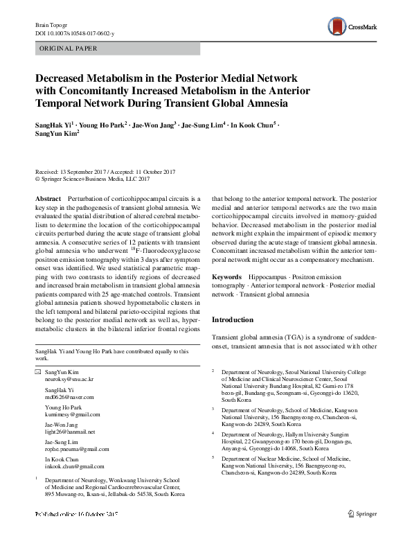 (PDF) Decreased Metabolism in the Posterior Medial Network with ...