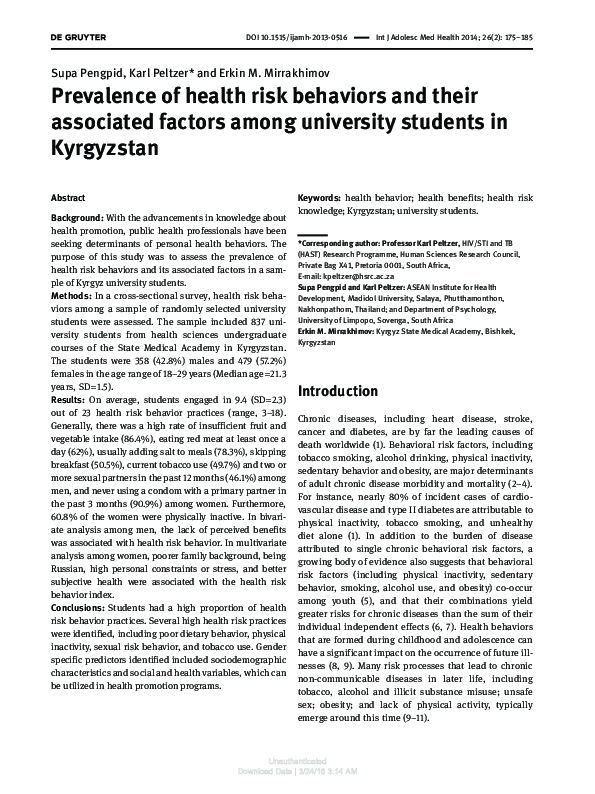 (PDF) Prevalence of health risk behaviors and their associated factors ...