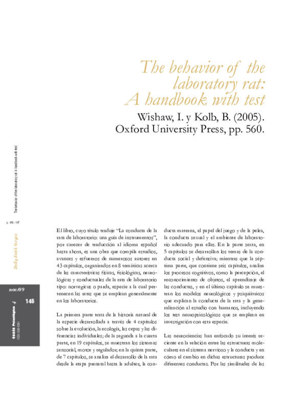 (PDF) The behavior of the laboratory rat: A handbook with test