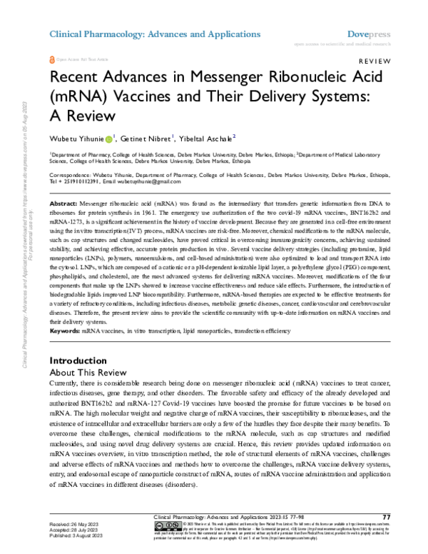 (PDF) Recent Advances in Messenger Ribonucleic Acid (mRNA) Vaccines and ...