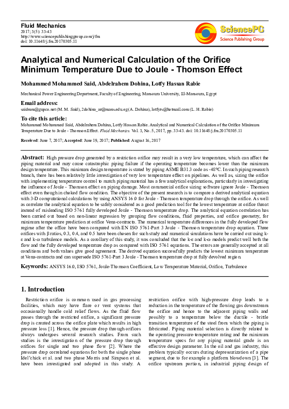 (PDF) Analytical and Numerical Calculation of the Orifice Minimum ...