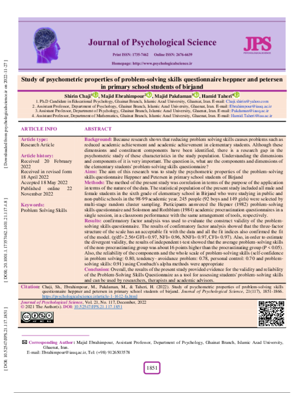 (PDF) Study of psychometric properties of problem-solving skills ...