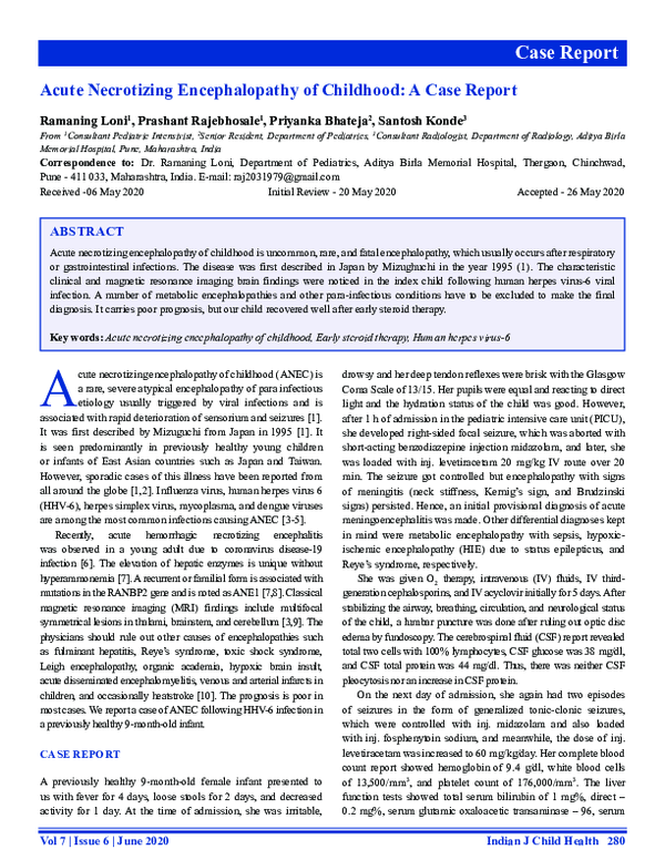 (PDF) Acute Necrotizing Encephalopathy of Childhood: A Case Report