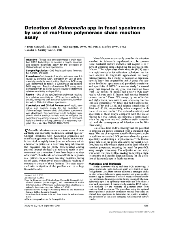 (PDF) Detection of Salmonella spp in fecal specimens by use of real ...