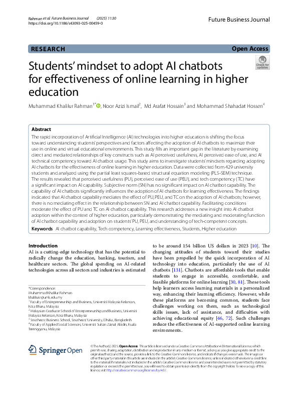 (PDF) Students' mindset to adopt AI chatbots for effectiveness of ...