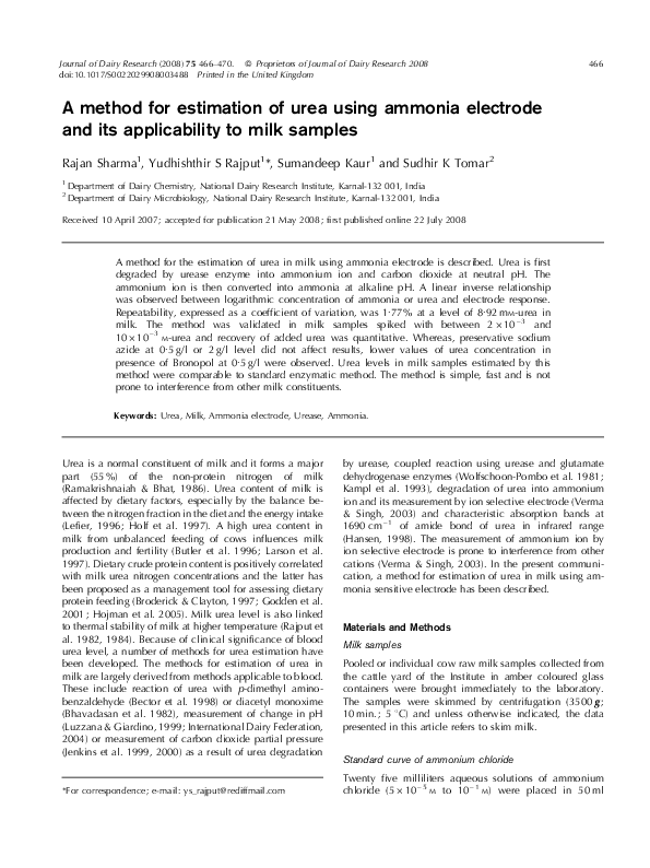 (PDF) A method for estimation of urea using ammonia electrode and its ...