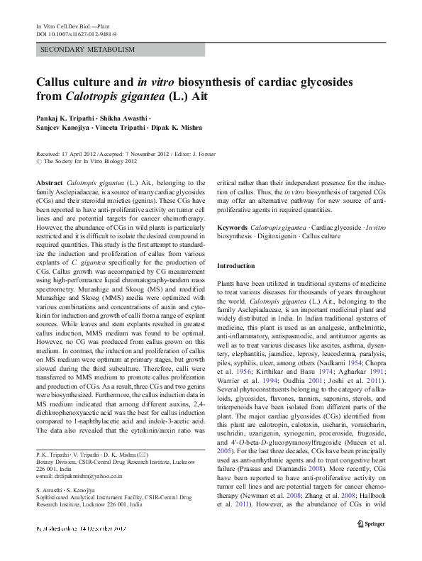 (PDF) Callus culture and in vitro biosynthesis of cardiac glycosides ...