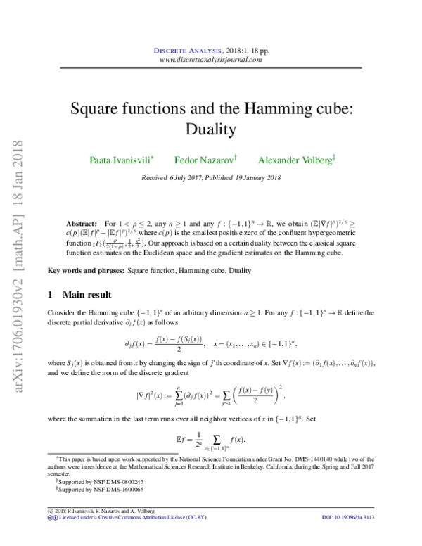 (PDF) Square functions and the Hamming cube: duality