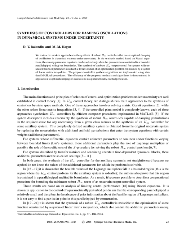 (PDF) Synthesis of controllers for damping oscillations in dynamical ...