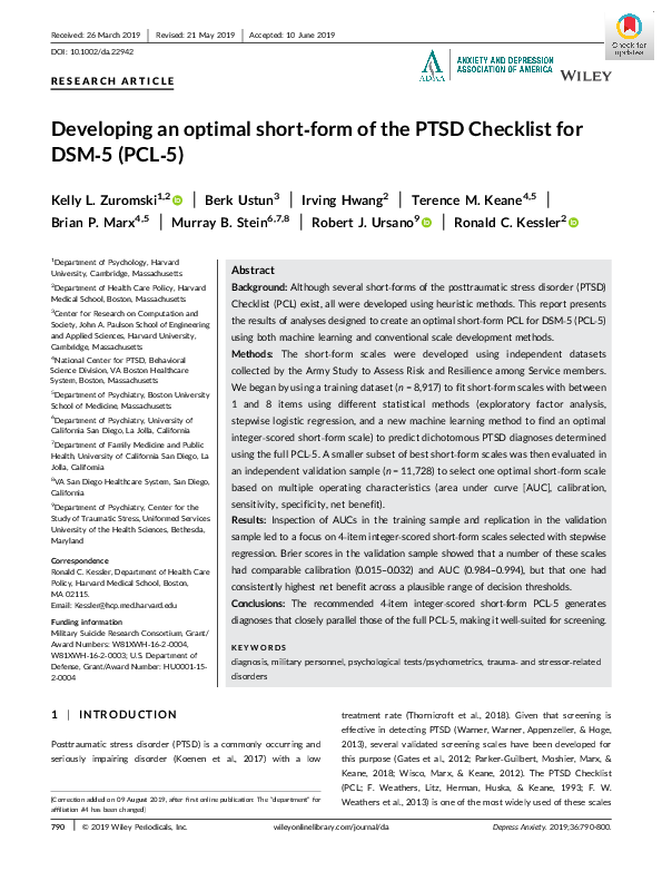 (PDF) Developing an optimal short‐form of the PTSD Checklist for DSM‐5 ...