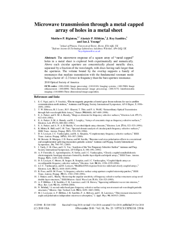 (PDF) Microwave transmission through a metal capped array of holes in a ...
