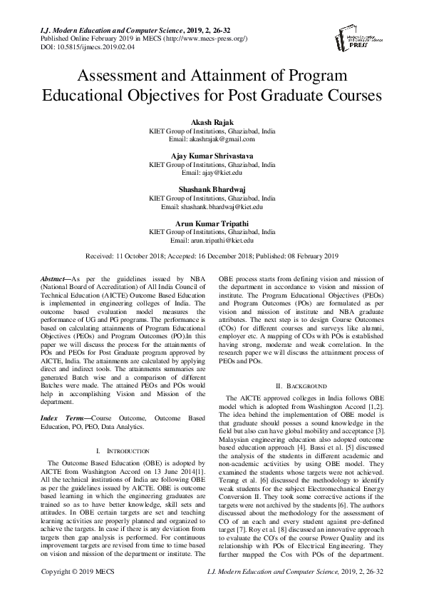 (PDF) Assessment and Attainment of Program Educational Objectives for ...
