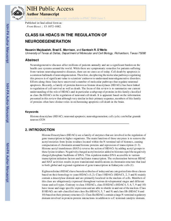 (PDF) Class IIA HDACs in the regulation of neurodegeneration
