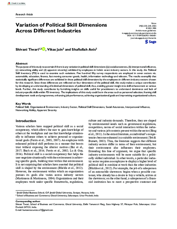 (PDF) Variation of Political Skill Dimensions Across Different Industries