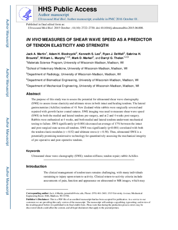 (PDF) In Vivo Measures of Shear Wave Speed as a Predictor of Tendon ...