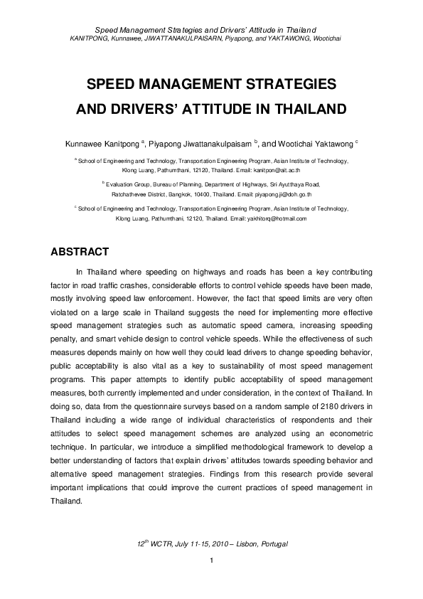 (PDF) Speed management strategies and drivers' attitudes in Thailand