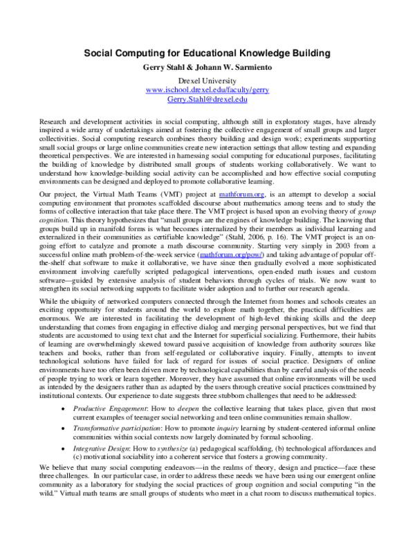 (PDF) Social computing for educational knowledge building