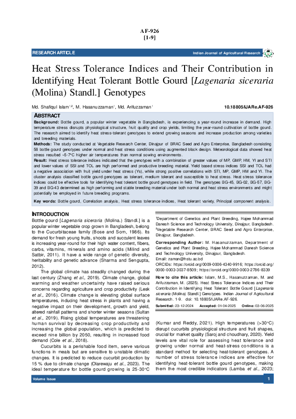 (PDF) Heat Stress Tolerance Indices and Their Contribution in ...