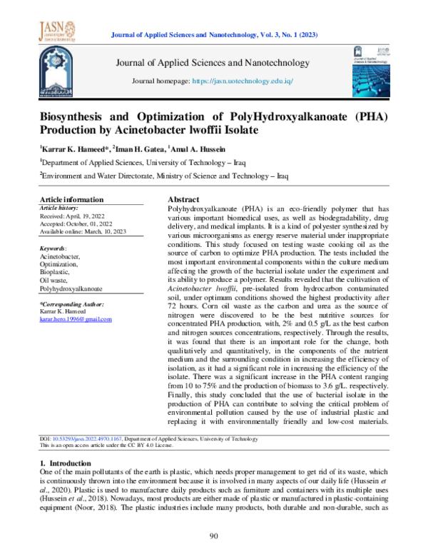 (PDF) Biosynthesis and Optimization of PolyHydroxyalkanoate (PHA ...