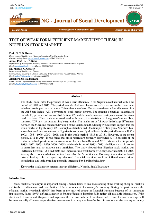 (PDF) TEST OF WEAK FORM EFFICIENT MARKET HYPOTHESIS IN NIGERIAN STOCK ...