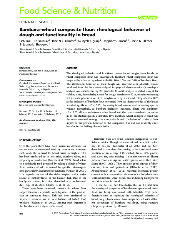 (PDF) Bambara–wheat composite flour: rheological behavior of dough and ...