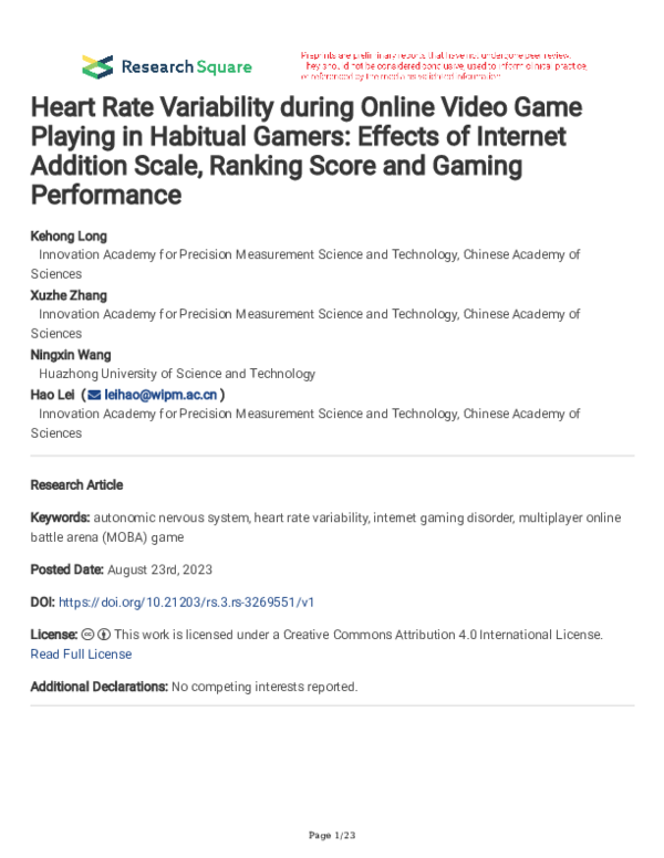 (PDF) Heart Rate Variability during Online Video Game Playing in ...
