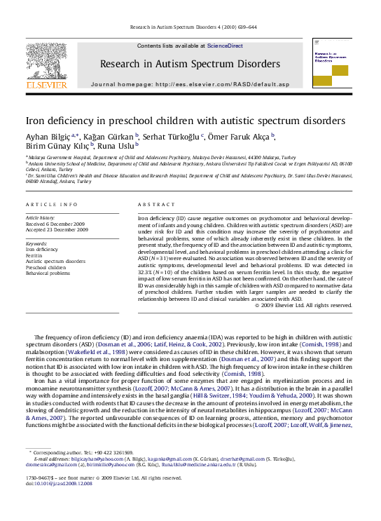 (PDF) Iron deficiency in preschool children with autistic spectrum ...