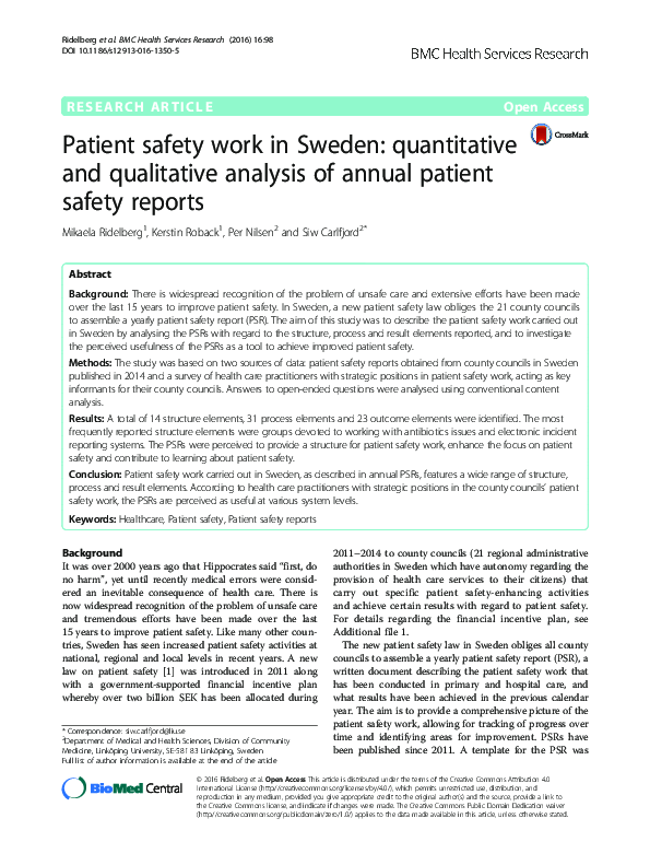 (PDF) Patient safety work in Sweden: quantitative and qualitative ...