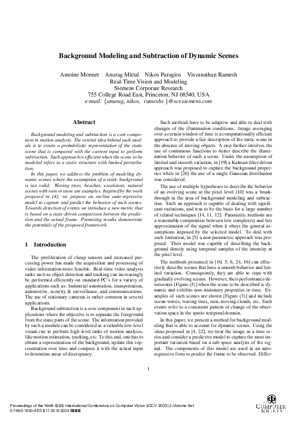 (PDF) Background modeling and subtraction of dynamic scenes