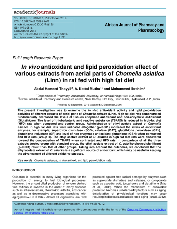 (PDF) In vivo antioxidant and lipid peroxidation effect of various ...