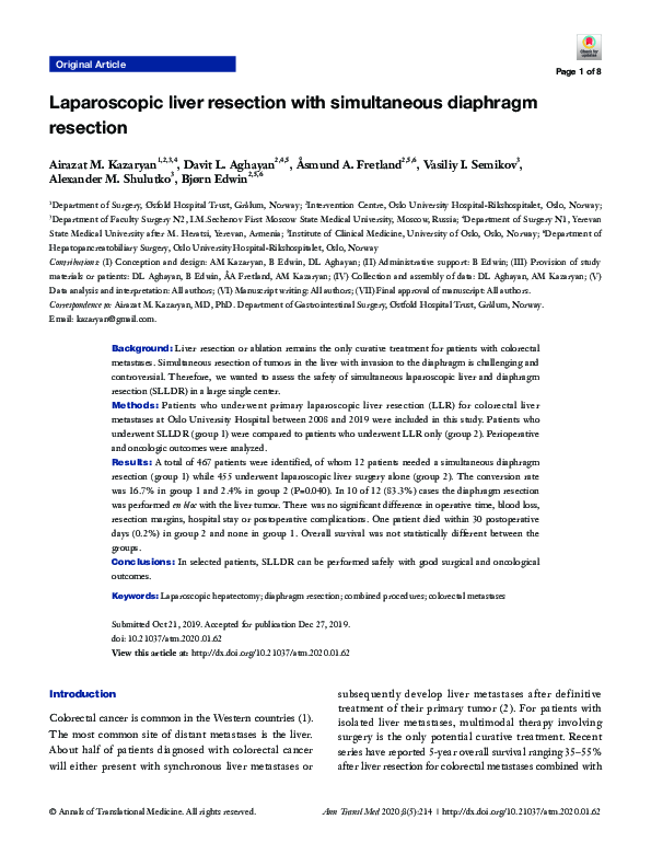 (PDF) Laparoscopic liver resection with simultaneous diaphragm resection