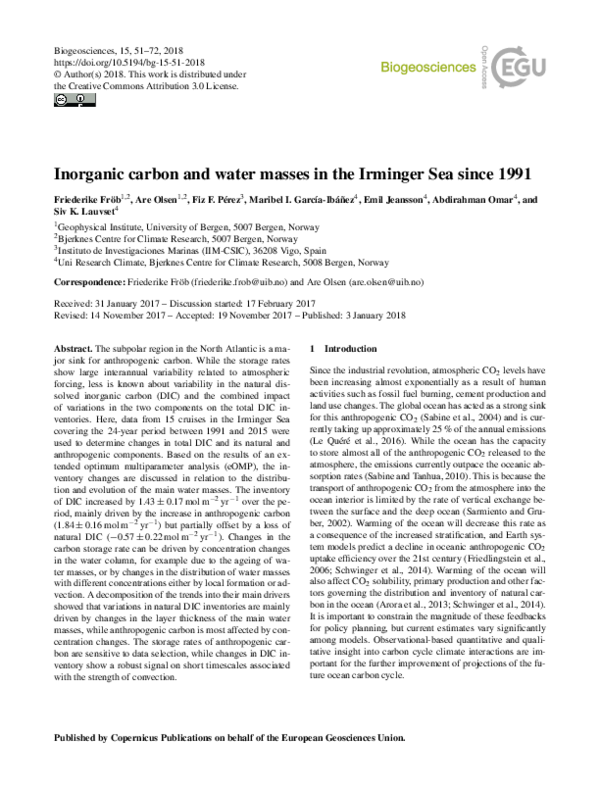 (PDF) Inorganic carbon and water masses in the Irminger Sea since 1991