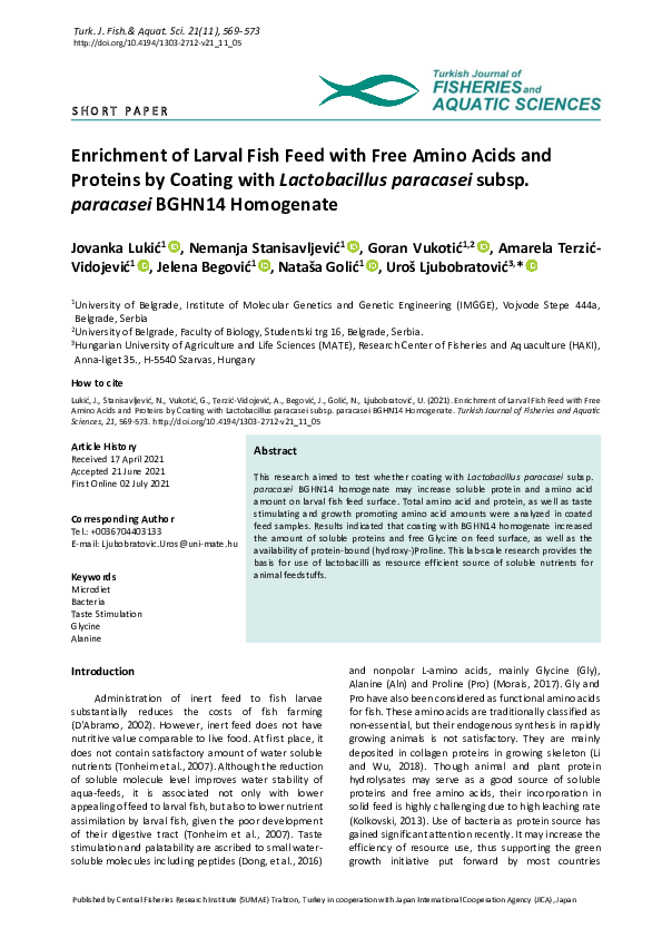 (PDF) Enrichment of Larval Fish Feed with Free Amino Acids and Proteins ...