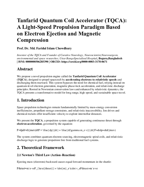 (PDF) Tanfarid Quantum Coil Accelerator (TQCA): A Light-Speed ...