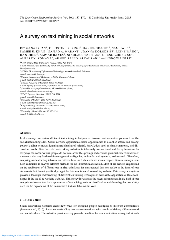 (PDF) A survey on text mining in social networks