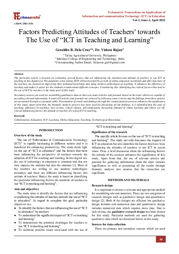 (PDF) Factors Predicting Attitudes of Teachers' towards The Use of “ICT ...