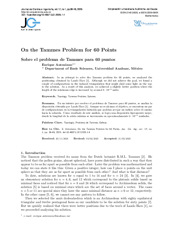 (PDF) On the Tammes Problem for 60 Points Sobre el problema de Tammes ...