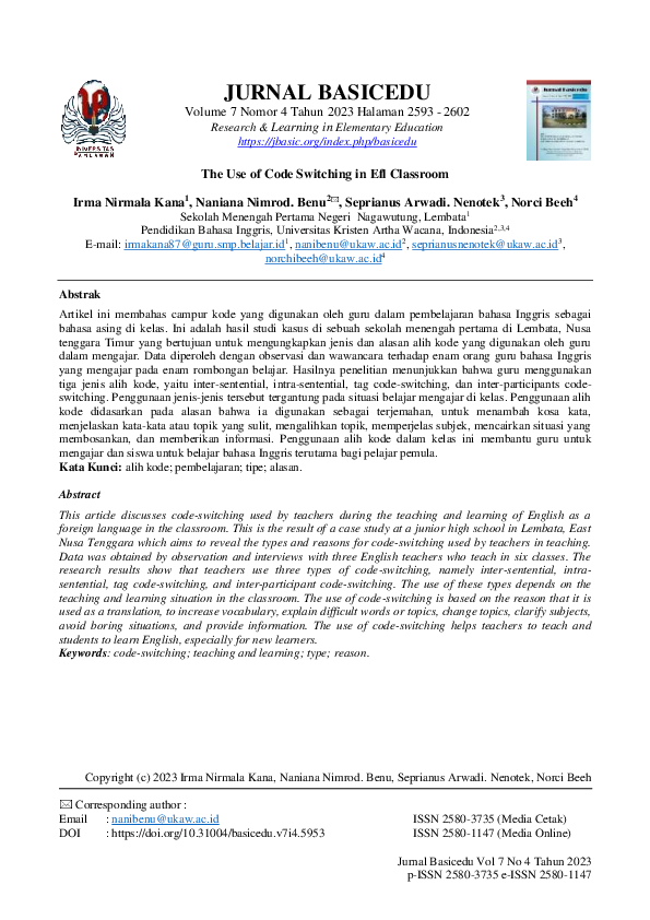 (PDF) The Use of Code Switching in Efl Classroom